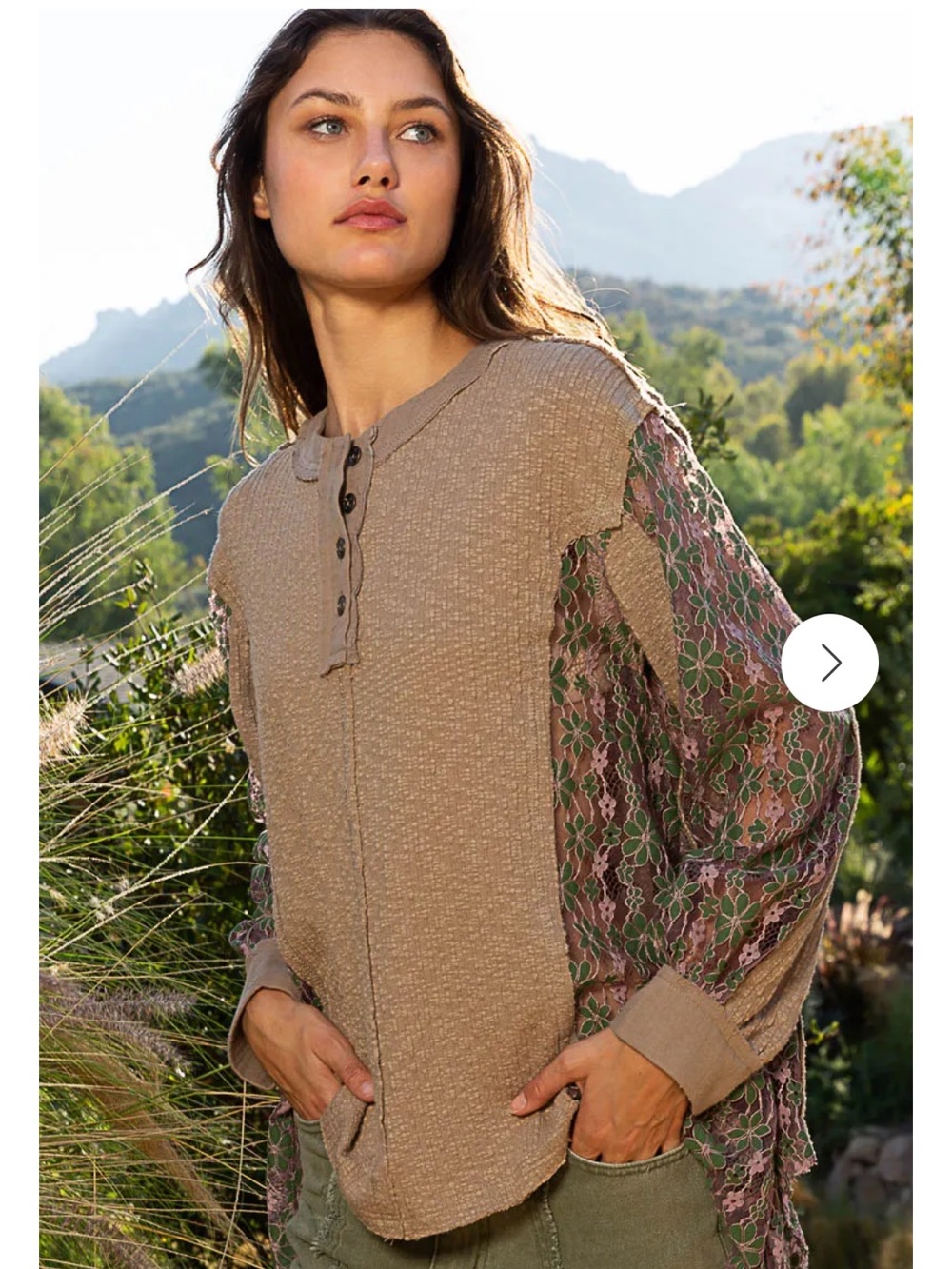 POL - Ribbed Floral Lace Contrast Long Sleeve Top in taupe